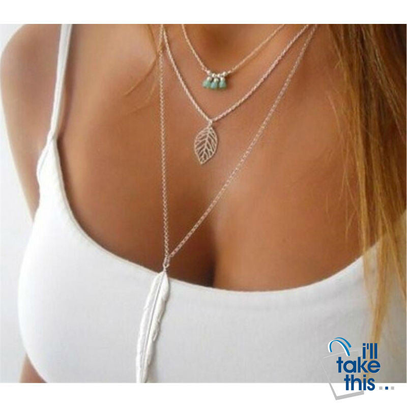 Simple turquoise Necklaces Leaf Long Pendant Necklaces 3 Layer Chain Necklace multilayer Necklaces - I'LL TAKE THIS