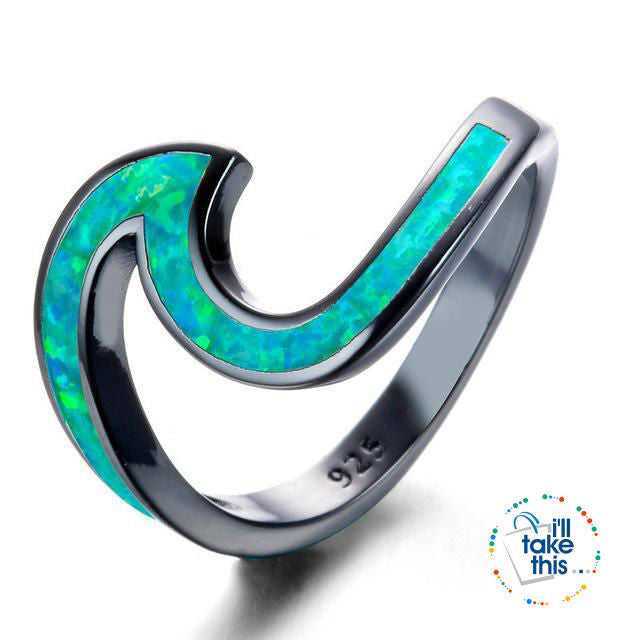 Wave Shaped Fire Opal Ring, 5 Fire Opal Color Options Rings in Black band - I'LL TAKE THIS