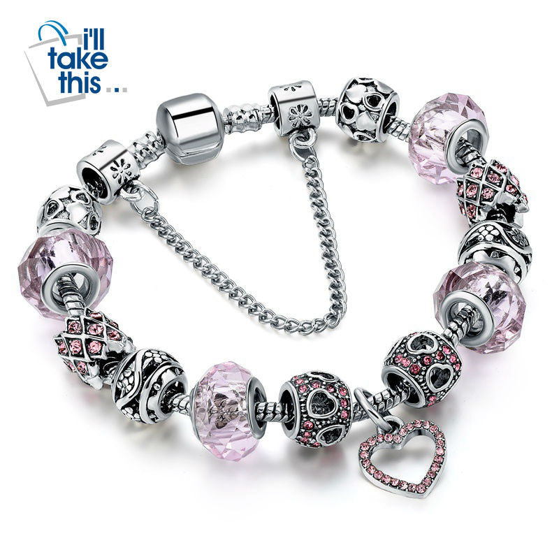 Charm Bracelets - Silver Plated with Heart design in Blue, Green, Pink with Crystal Beads - I'LL TAKE THIS