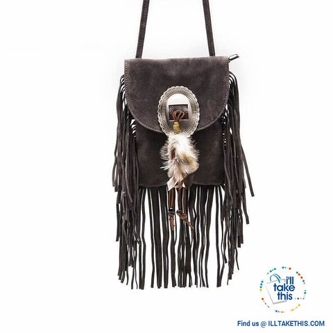Image of Women's Handbag/Crossbody Shoulder bag - Boho Inspired Tassels fringes and a Feather Buckle - I'LL TAKE THIS