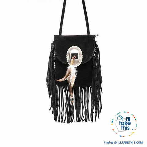 Image of Women's Handbag/Crossbody Shoulder bag - Boho Inspired Tassels fringes and a Feather Buckle - I'LL TAKE THIS
