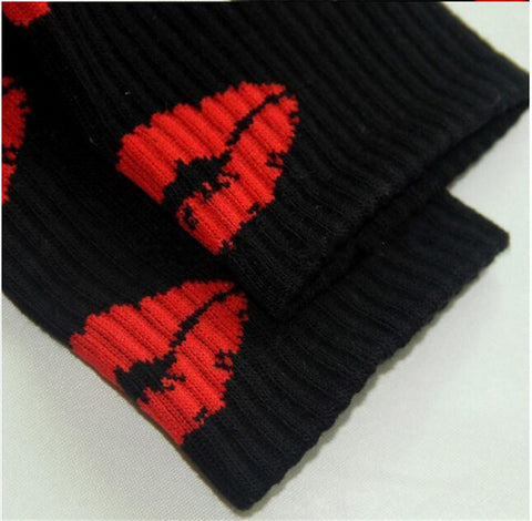 Image of Cute Long Crew Sock Of Red Lip Kiss Pattern For Men or Women in Black or White Sox color - I'LL TAKE THIS