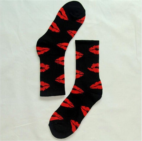 Image of Cute Long Crew Sock Of Red Lip Kiss Pattern For Men or Women in Black or White Sox color - I'LL TAKE THIS
