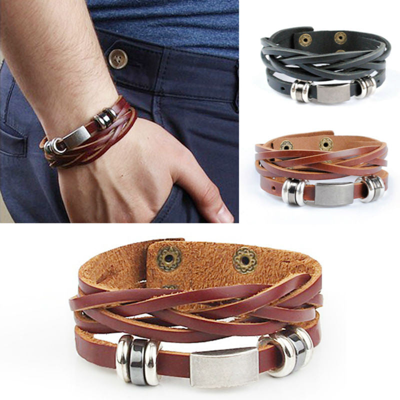 Men's Multi-wrap Leather Bracelets in brown/black with stainless buckle Great male jewelry cool look - I'LL TAKE THIS