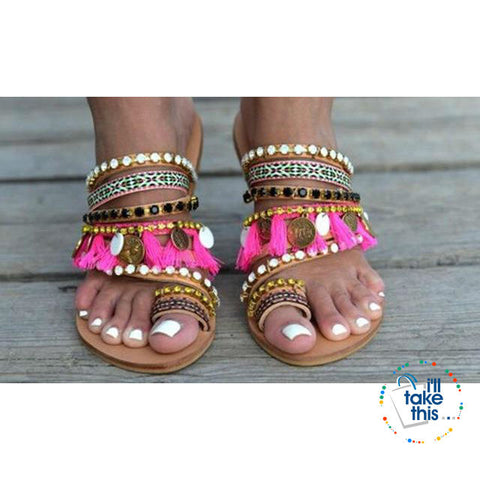 Image of Bohemian Beach Sandals, Flip Flops with gorgeous Fringe Roman Crystals Summer in Lavender - I'LL TAKE THIS
