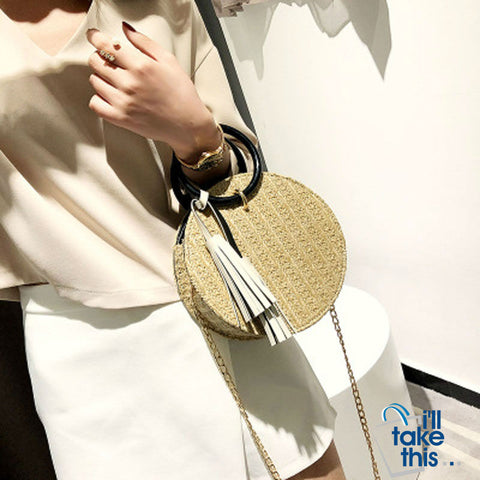 Image of Round Stylish Straw Bag Handbag with Small Chain Shoulder Strap 3 Colors - I'LL TAKE THIS