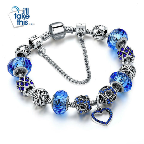 Image of Charm Bracelets - Silver Plated with Heart design in Blue, Green, Pink with Crystal Beads - I'LL TAKE THIS