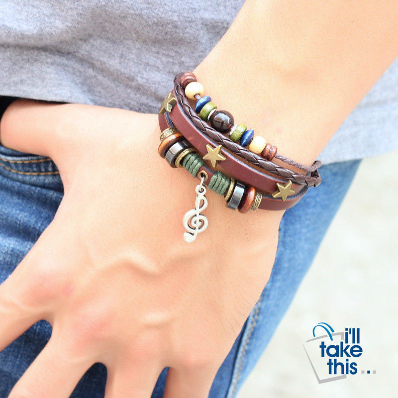 Leather Rope Wrap Bracelet, Punk Rock/Vintage Adjustable Layered Beads Charm Music Note Bracelets - I'LL TAKE THIS