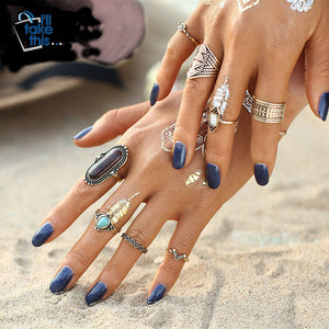 Boho Beach Vintage Tibetan Turkish Crystal Silver Flower Knuckle Rings Gift pack 8pcs Midi Ring Set