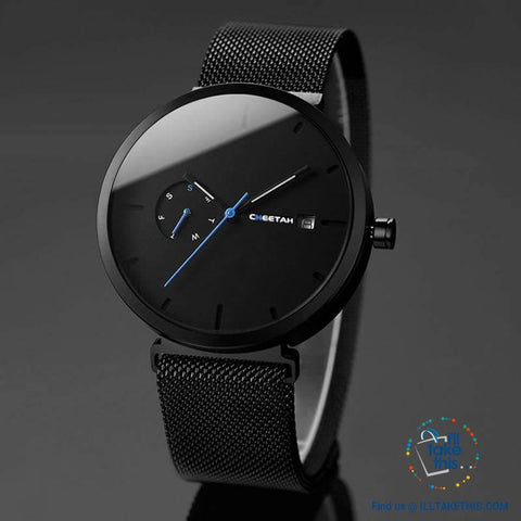 Image of Ambassador Blue Point Ultra Sleek Men's Wristwatch all Black with Mesh Stainless Wristband - I'LL TAKE THIS