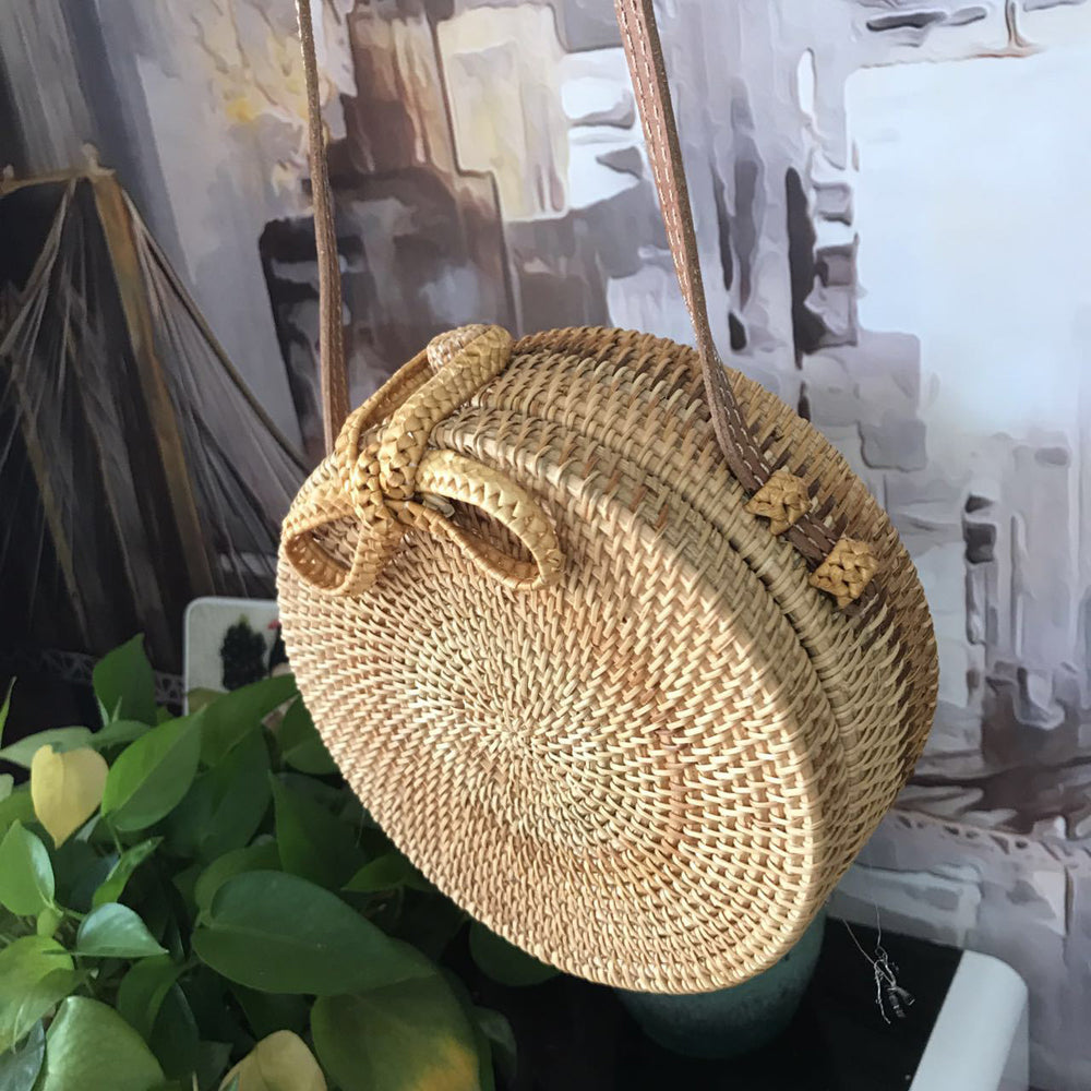 Bohemian Circular Beach Bag Hand Woven Straw + Round Butterfly Rattan buckle with real leather strap - I'LL TAKE THIS