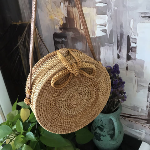 Image of Bohemian Circular Beach Bag Hand Woven Straw + Round Butterfly Rattan buckle with real leather strap - I'LL TAKE THIS