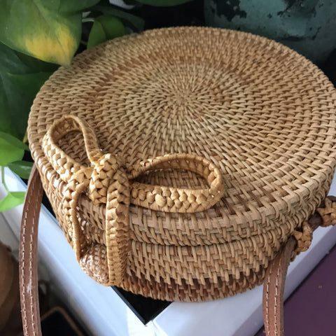 Image of Bohemian Circular Beach Bag Hand Woven Straw + Round Butterfly Rattan buckle with real leather strap - I'LL TAKE THIS