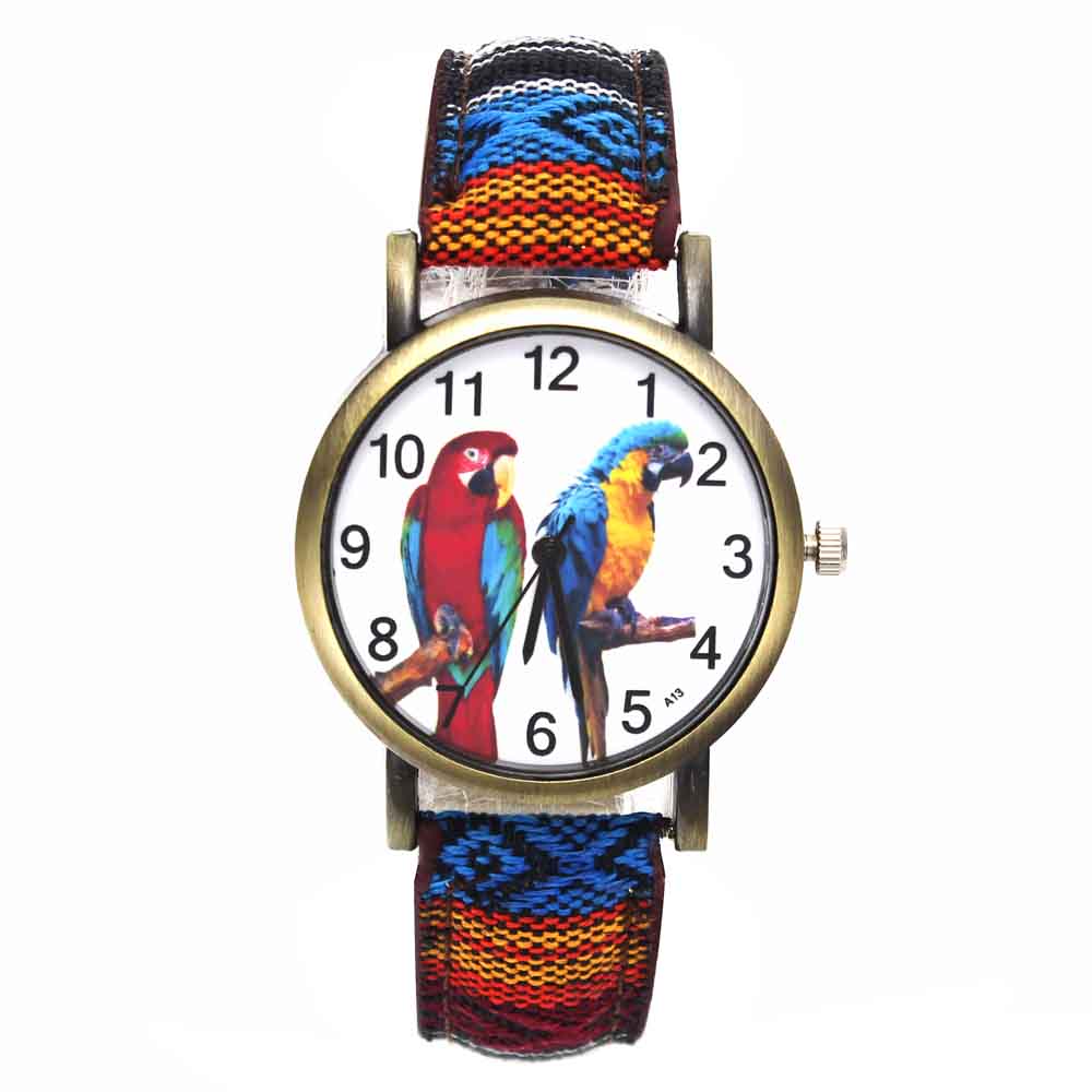 Colorful 2 Parrot Parakeet Pet Bird Animal Watches for Women with Fashion Stripes Denim Wristband - I'LL TAKE THIS
