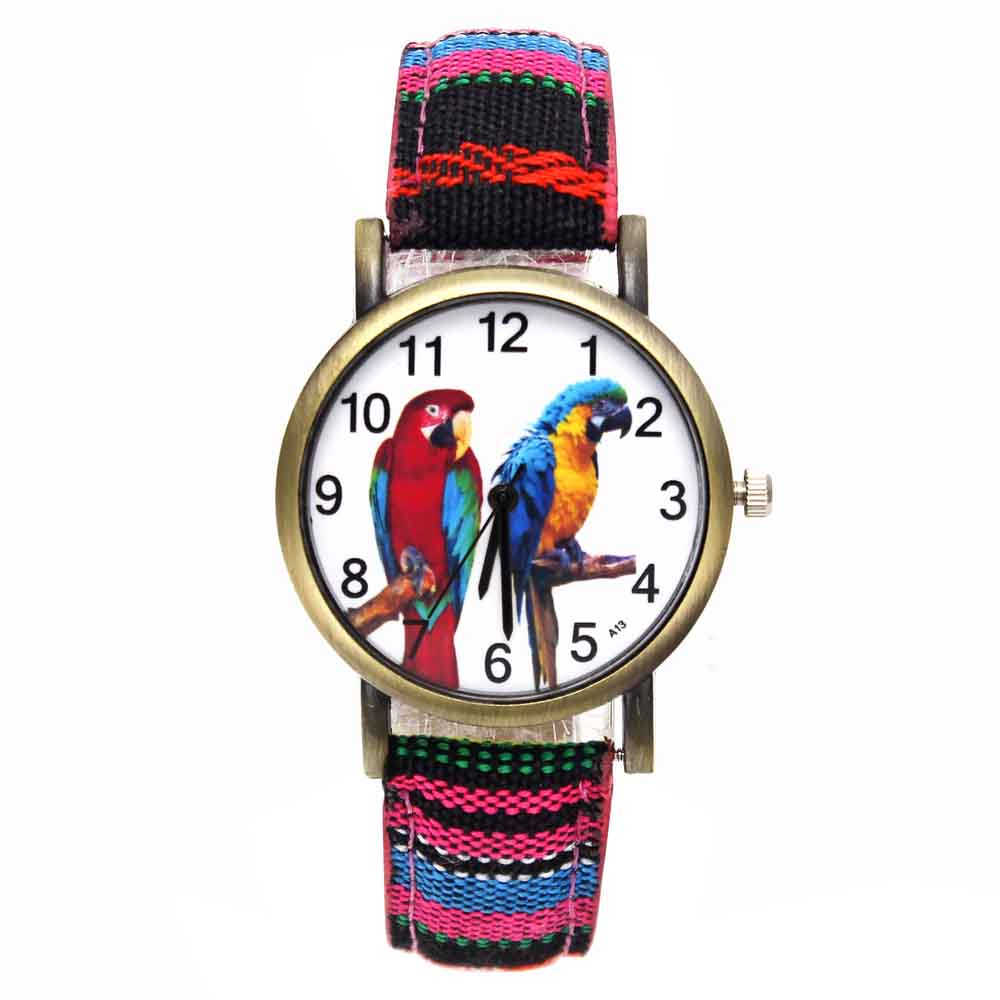 Colorful 2 Parrot Parakeet Pet Bird Animal Watches for Women with Fashion Stripes Denim Wristband - I'LL TAKE THIS