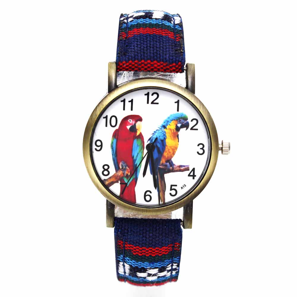 Colorful 2 Parrot Parakeet Pet Bird Animal Watches for Women with Fashion Stripes Denim Wristband - I'LL TAKE THIS