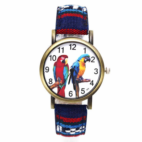 Image of Colorful 2 Parrot Parakeet Pet Bird Animal Watches for Women with Fashion Stripes Denim Wristband - I'LL TAKE THIS