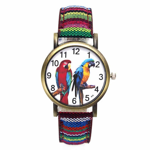 Image of Colorful 2 Parrot Parakeet Pet Bird Animal Watches for Women with Fashion Stripes Denim Wristband - I'LL TAKE THIS