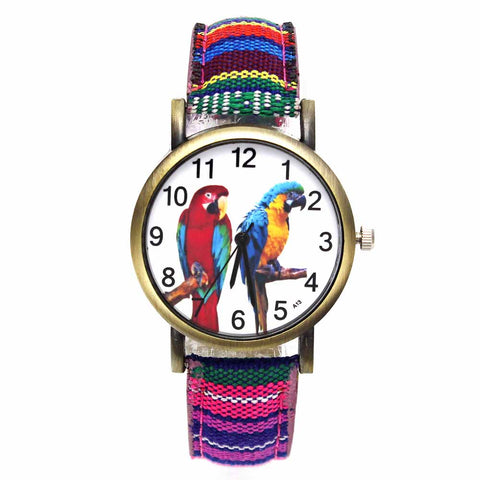 Image of Colorful 2 Parrot Parakeet Pet Bird Animal Watches for Women with Fashion Stripes Denim Wristband - I'LL TAKE THIS