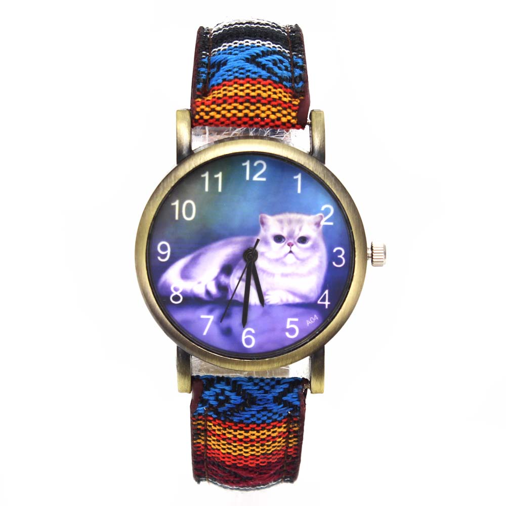 Cute Lucky Cat Ladies / Girl Fashion Quartz Watches -  Denim Stripes Wristwatch - I'LL TAKE THIS
