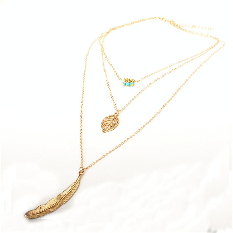 Simple turquoise Necklaces Leaf Long Pendant Necklaces 3 Layer Chain Necklace multilayer Necklaces - I'LL TAKE THIS