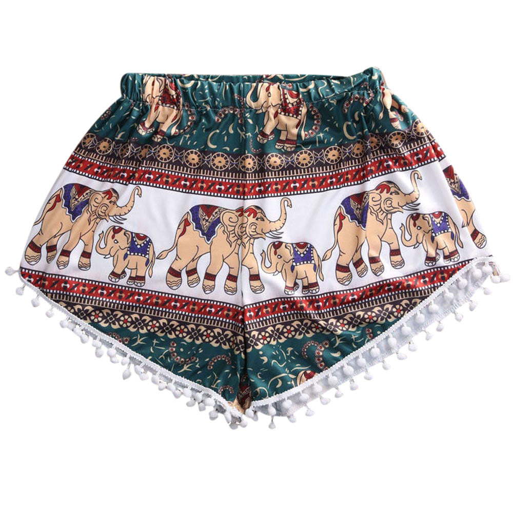 Bohemian Women’s High Waist Shorts, Elastic Waist Tassels Elephant Print Beach Casual Shorts - I'LL TAKE THIS