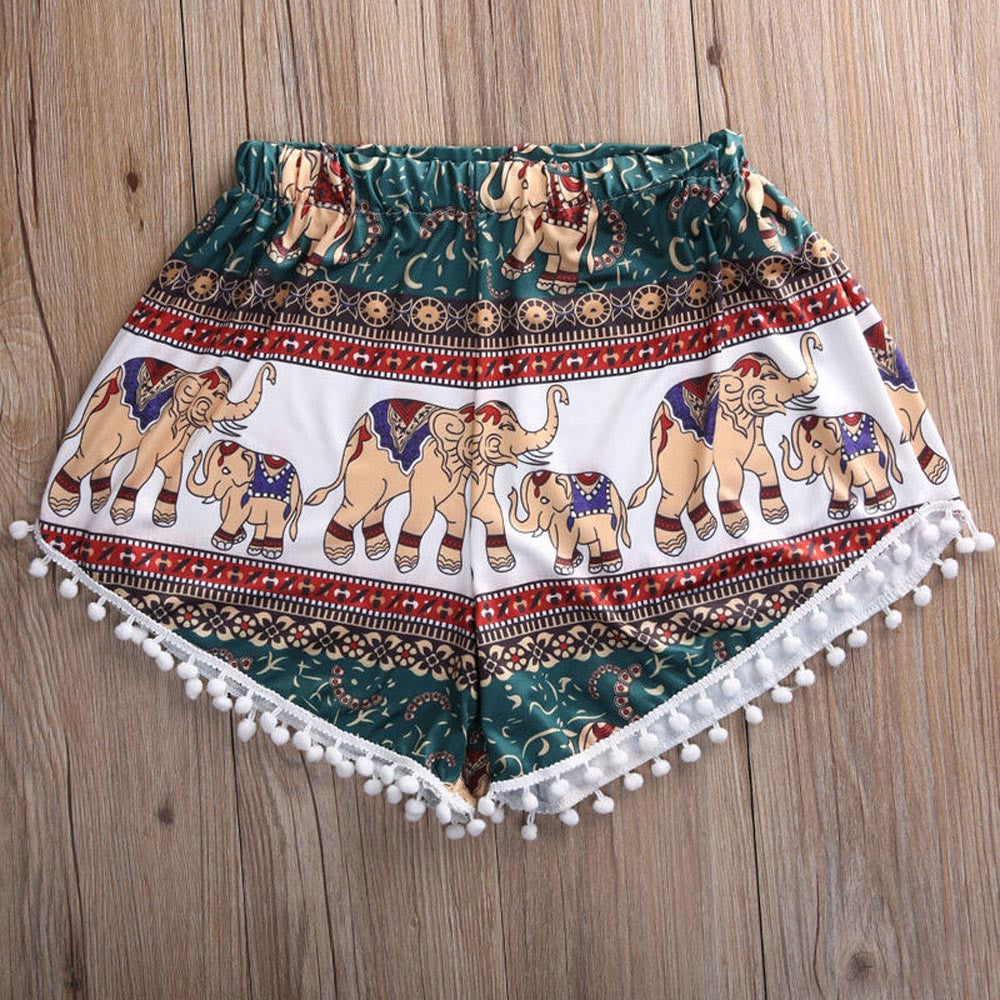 Bohemian Women’s High Waist Shorts, Elastic Waist Tassels Elephant Print Beach Casual Shorts - I'LL TAKE THIS
