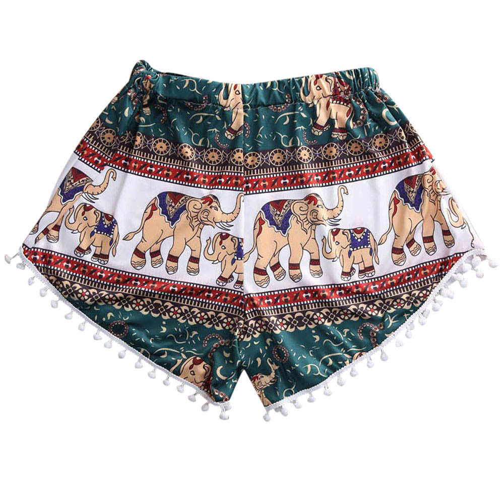Bohemian Women’s High Waist Shorts, Elastic Waist Tassels Elephant Print Beach Casual Shorts - I'LL TAKE THIS