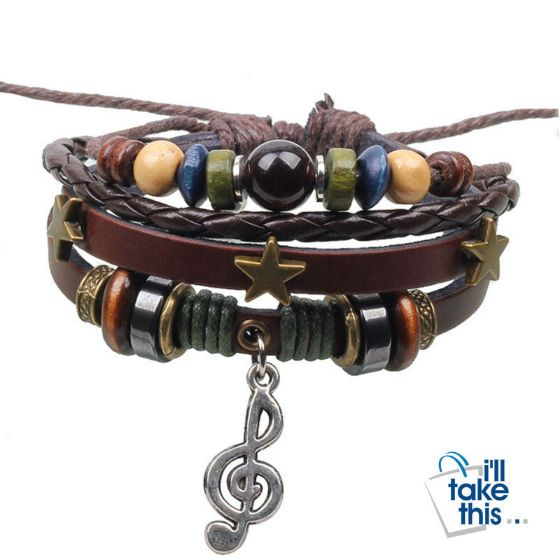 Leather Rope Wrap Bracelet, Punk Rock/Vintage Adjustable Layered Beads Charm Music Note Bracelets - I'LL TAKE THIS
