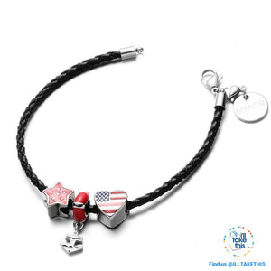 Americana Braided Leather Charm bracelet features an enamel Love Heart American flag