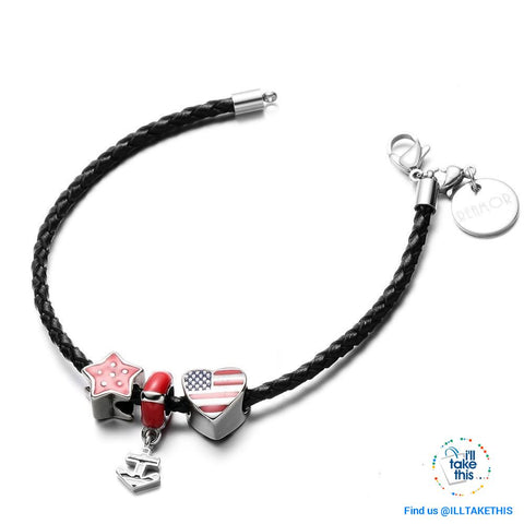 Image of Americana Braided Leather Charm bracelet features an enamel Love Heart American flag - I'LL TAKE THIS