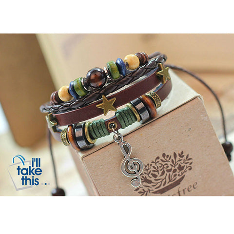 Image of Leather Rope Wrap Bracelet, Punk Rock/Vintage Adjustable Layered Beads Charm Music Note Bracelets - I'LL TAKE THIS