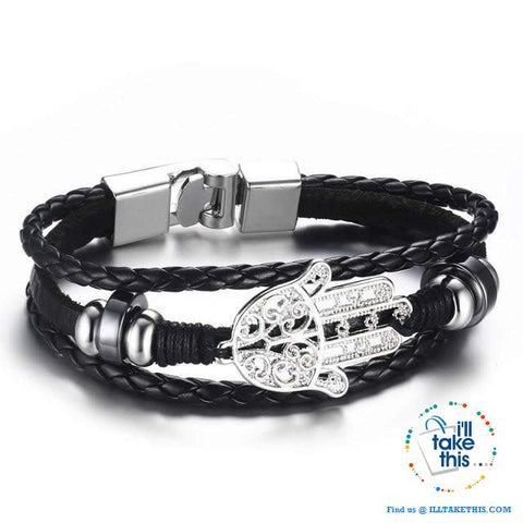 Image of Black Multilayered Leather Wristband Punk Design Bracelets Unisex, Variuos Designs, Hamsa Hand ++ - I'LL TAKE THIS