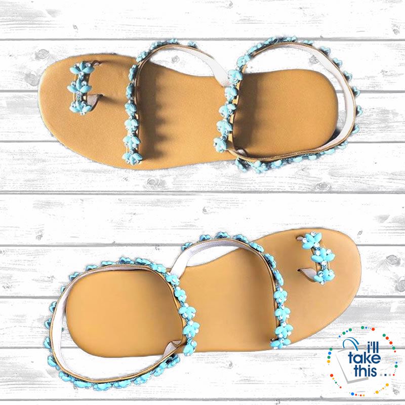 Bohemian Floral Design Handmade Sandals sprinkled with Turquoise stone & Crystals, IDEAL Flip Flops - I'LL TAKE THIS