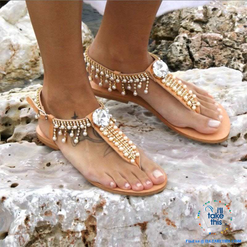 Bohemian Beach Sandals a majestic array of Pearls and Rhinestone center Crystal Flip-flop - I'LL TAKE THIS