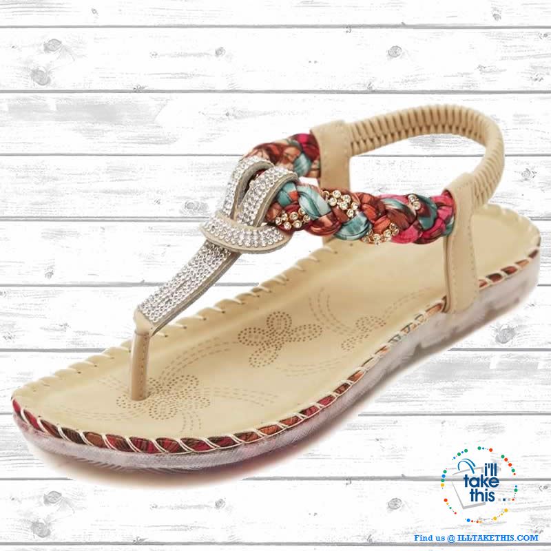 Bohemian Beaded braided Sandals / Flip Flops - Rhinestone and Print Patchwork - I'LL TAKE THIS
