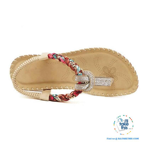 Image of Bohemian Beaded braided Sandals / Flip Flops - Rhinestone and Print Patchwork - I'LL TAKE THIS