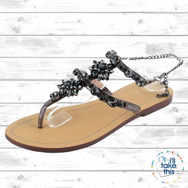 Bohemian Crystal Flat Heel Sandals encrusted with Rhinestone Crystal with Chain clasp Flip Flops - I'LL TAKE THIS
