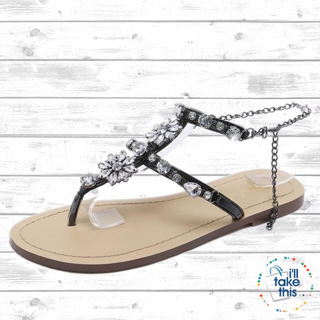 Bohemian Crystal Flat Heel Sandals encrusted with Rhinestone Crystal with Chain clasp Flip Flops - I'LL TAKE THIS