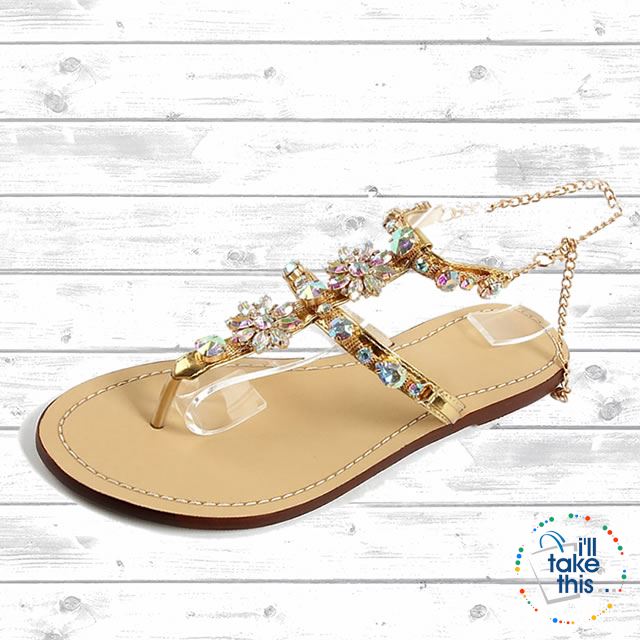 Bohemian Crystal Flat Heel Sandals encrusted with Rhinestone Crystal with Chain clasp Flip Flops - I'LL TAKE THIS
