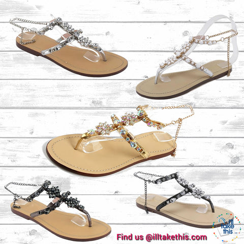 Image of Bohemian Crystal Flat Heel Sandals encrusted with Rhinestone Crystal with Chain clasp Flip Flops - I'LL TAKE THIS