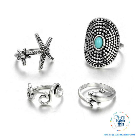 Image of Bohemian Vintage Silver color Dolphin, Starfish and Wave Knuckle Rings Set - I'LL TAKE THIS