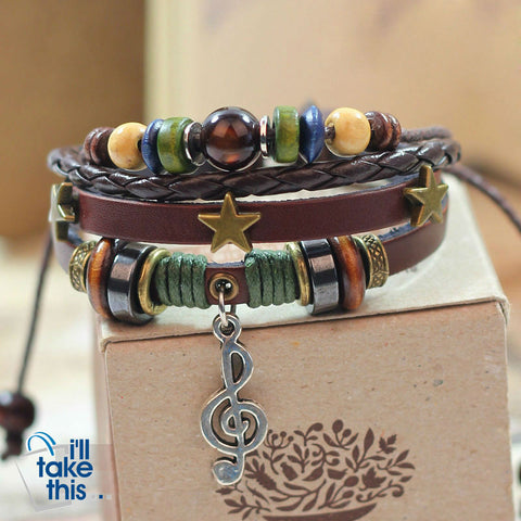 Image of Leather Rope Wrap Bracelet, Punk Rock/Vintage Adjustable Layered Beads Charm Music Note Bracelets - I'LL TAKE THIS