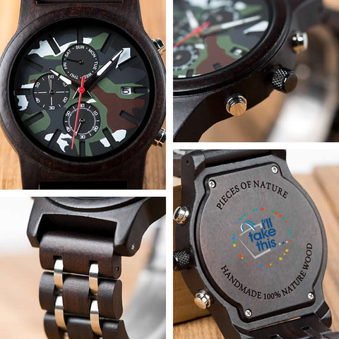 Image of Men's Camouflage Army Green/Brown Wooden Military Style watch - Gift Box Series - I'LL TAKE THIS