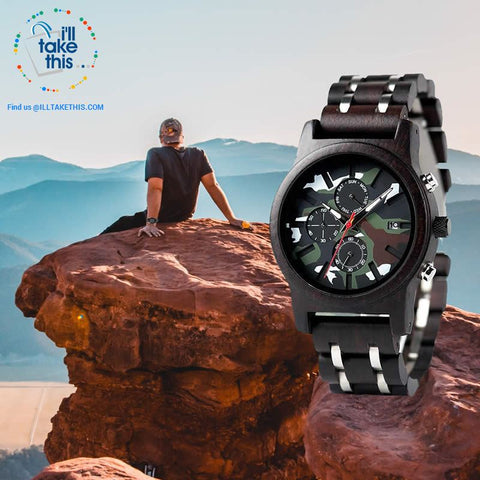 Image of Men's Camouflage Army Green/Brown Wooden Military Style watch - Gift Box Series - I'LL TAKE THIS