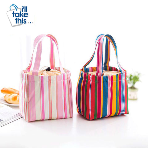 Image of Stripe Pattern Lunch Bags Insulated Cold Canvas Drawstring Picnic Carry Case Thermal Lunch Bag - I'LL TAKE THIS