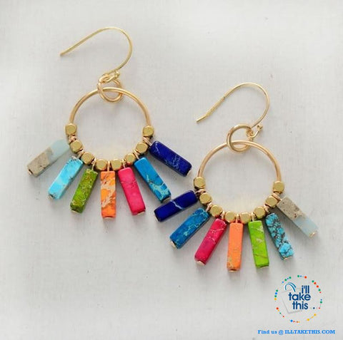 Image of Handmade Bohemian Multi-Colored Natural Stone Chakra Earrings - Gold Color Dangle Earrings - I'LL TAKE THIS