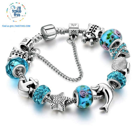 Image of Aqua Marine Crystal Charm Bracelet Inspired Oceanic Style with Multiple Beads and Dolphin Charms - I'LL TAKE THIS