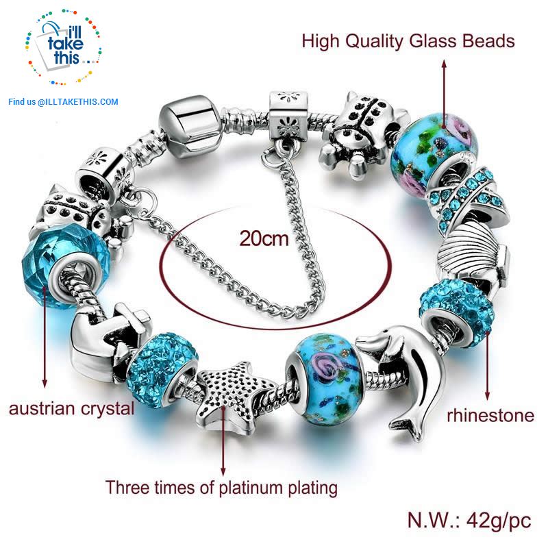 Aqua Marine Crystal Charm Bracelet Inspired Oceanic Style with Multiple Beads and Dolphin Charms - I'LL TAKE THIS