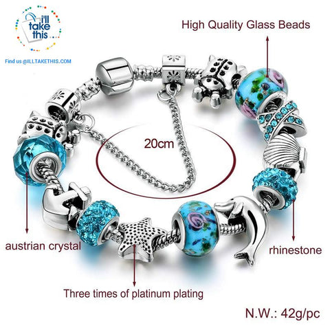 Image of Aqua Marine Crystal Charm Bracelet Inspired Oceanic Style with Multiple Beads and Dolphin Charms - I'LL TAKE THIS